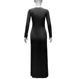 Women's Long-Sleeved Sexy Deep V-Neck Pleated Slim Long Dress
