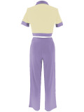 Women's Summer Patchwork Contrast Color Turndown Collar Short Sleeve Top Wide Leg Pants Fashion Two Piece Set