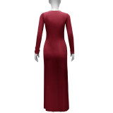Women's Long-Sleeved Sexy Deep V-Neck Pleated Slim Long Dress