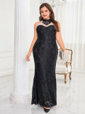 Plus Size Women Round Neck Sleeveless Elegant Formal Party Evening Dress