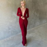 Women's Long-Sleeved Sexy Deep V-Neck Pleated Slim Long Dress