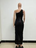 Women's One-Shoulder Lace-Up Sequined Evening Dress