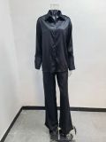 Solid Color Satin Long Sleeve Casual Two Piece Pants Set Trendy Lounge Wear