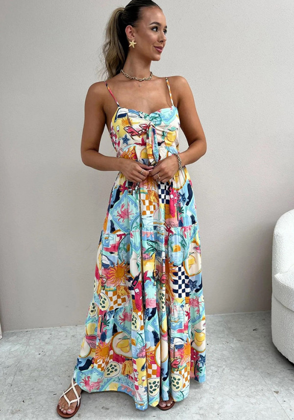 Spring Summer Strap Print Loose Holidays Casual Dress