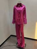 Solid Color Satin Long Sleeve Casual Two Piece Pants Set Trendy Lounge Wear