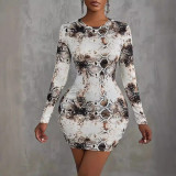 Women's Round Neck Snake Print Long Sleeve Bodycon Dress