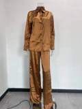Solid Color Satin Long Sleeve Casual Two Piece Pants Set Trendy Lounge Wear