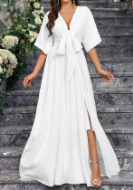 Elegant White V-Neck Slit Half-Sleeve Bow Tie Spring And Summer Women's Dress Elegant White V-Neck Slit Half-Sleeve Bow Tie Spring And Summer Women's Dress