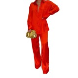 Solid Color Satin Long Sleeve Casual Two Piece Pants Set Trendy Lounge Wear