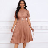 Women Short Sleeve Lace Patchwork Pleated African Dress