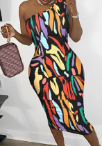 Women's Chic Elegant Slash Shoulder Printed Hollow Low Back Tight Fitting Bodycon Dress Women's Chic Elegant Slash Shoulder Printed Hollow Low Back Tight Fitting Bodycon Dress