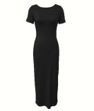 Fashion Ribbed Solid Color Square Neck Short Sleeve Slim Dress Women's Clothing
