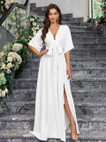 Elegant White V-Neck Slit Half-Sleeve Bow Tie Spring And Summer Women's Dress