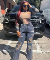 Women Pocket Ripped Straight Washed Denim Pants