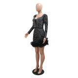Women Beaded Long Sleeve Square Neck Dress