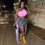 Sexy Fringed Slim Skirt Slanted One-Shoulder Tank Top Two-Piece Set