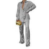 Solid Color Satin Long Sleeve Casual Two Piece Pants Set Trendy Lounge Wear