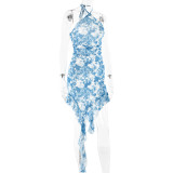Women Halter Neck Backless Printed Dress