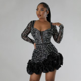 Women Beaded Long Sleeve Square Neck Dress