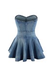 Strapless Slim Ruffle A-Line Denim Dress
