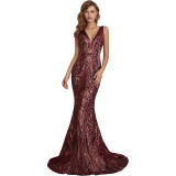 Women Sleeveless Sexy V-Neck Formal Party Sequin Evening Dress（Processing time need 3-6 days）