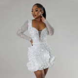 Women Beaded Long Sleeve Square Neck Dress