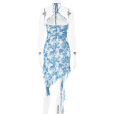 Women Halter Neck Backless Printed Dress