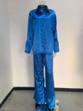 Solid Color Satin Long Sleeve Casual Two Piece Pants Set Trendy Lounge Wear