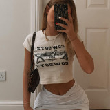 Women Round Neck Letter Printed Crop T-Shirt