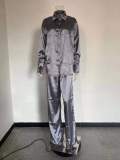 Solid Color Satin Long Sleeve Casual Two Piece Pants Set Trendy Lounge Wear
