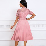 Women Short Sleeve Lace Patchwork Pleated African Dress