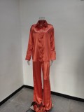 Solid Color Satin Long Sleeve Casual Two Piece Pants Set Trendy Lounge Wear