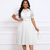 Women Short Sleeve Lace Patchwork Pleated African Dress