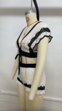 Women's Crochet Two Piece Set Contrast Color Lace-Up Tank Top Shorts Set