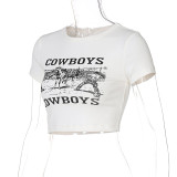 Women Round Neck Letter Printed Crop T-Shirt
