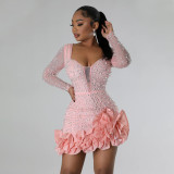 Women Beaded Long Sleeve Square Neck Dress
