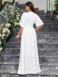 Elegant White V-Neck Slit Half-Sleeve Bow Tie Spring And Summer Women's Dress