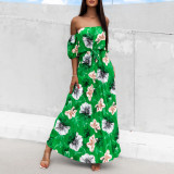 Women Sexy Off Shoulder Pleated Print Summer Print Long Dress