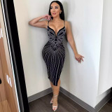 Women Sexy Beaded V-Neck Bodycon Split Dress