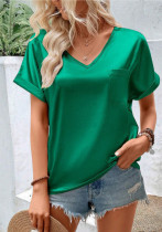 Women Satin V Neck Pocket Short Sleeve Loose Casual Top