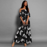 Women Sexy Off Shoulder Pleated Print Summer Print Long Dress