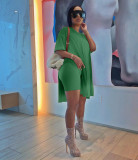 Women Summer Solid Slit Short Sleeve Top and Shorts Two-piece Set