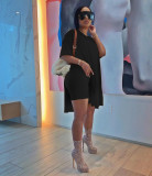 Women Summer Solid Slit Short Sleeve Top and Shorts Two-piece Set