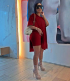 Women Summer Solid Slit Short Sleeve Top and Shorts Two-piece Set