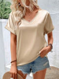 Women Satin V Neck Pocket Short Sleeve Loose Casual Top