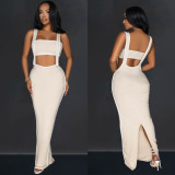 Women Sexy Backless Suspender Top and Long Dress Two-piece Set
