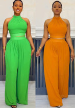 Women Sexy Pleated Sleeveless Top Wide Leg Pants Two-piece Set
