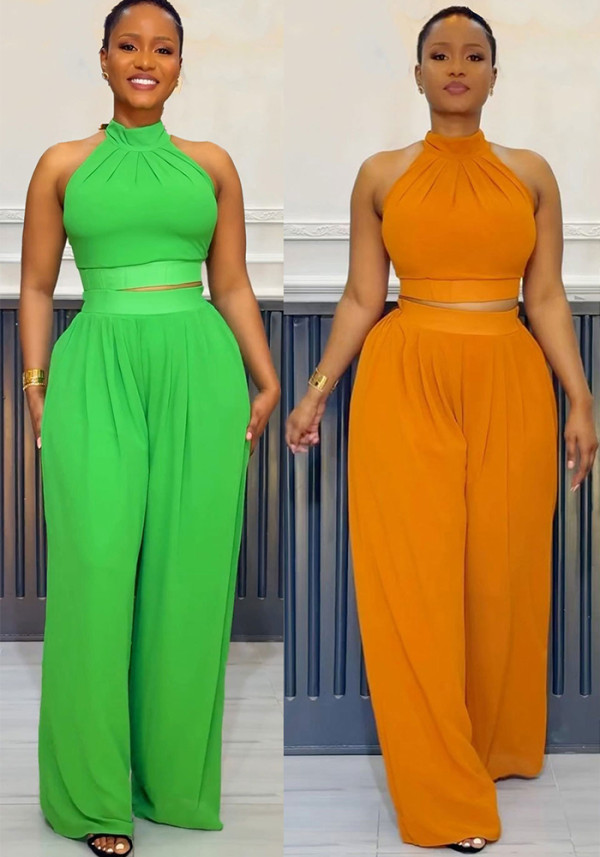 Women Sexy Pleated Sleeveless Top Wide Leg Pants Two-piece Set