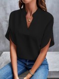 Women Summer Casual Solid V-Neck Loose Shirt