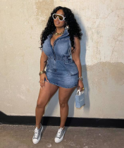 Women Denim Sleeveless Drawstring Stretch Dress